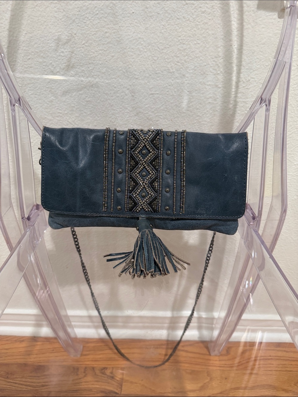 Embellished Navy Tassel Crossbody Clutch